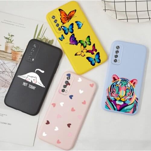 Bumper For Huawei P Smart 2021 2019 Case Silicone TPU Back Cover Cartoon Cat For Huawei PSmart 2021 Y7A Funda Cute Pink Purple