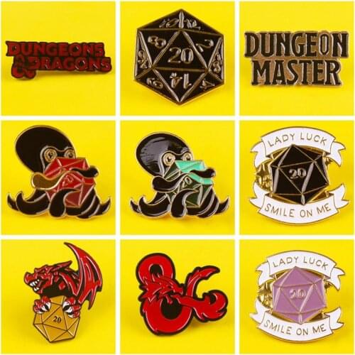 Pulaqi 20 Sided Dice Gem Pins Dragon Octopus Punk Brooches Badges Fashion Enamel Backpack pins For Cool friends Jewelry Gifts
