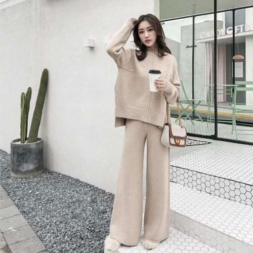 Drape Thick knitting Wide-Legged Pants Casual Two-Piece Women 2020New Winter Cashmere Loose Lazy Sweater Wide-Legged Pants Suits