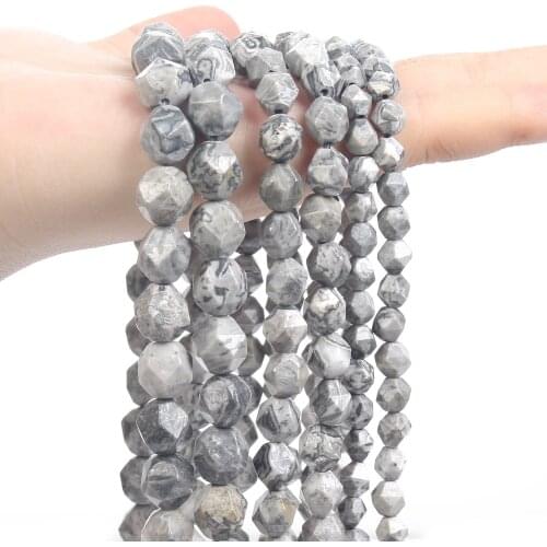 Faceted Natural Stone Beads Grey Map Stone Loose Spacer Beads For Jewelry Making Bracelets Necklace Accessories Strand 6/8/10MM