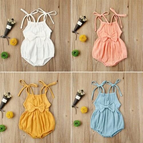Baby Summer Clothing Newborn Baby Girl Cute Clothes Srap Romper Cotton Linen Solid Jumpsuit Bowknot Outfits Set Soft Clothes