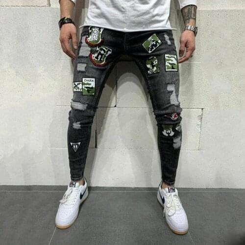 Mens Jeans Ripped Embroidered Pencil Jeans Slim Men Trousers Casual Thin Denim Pants Hip-hop Cowboys Young Man Jogging Pants
