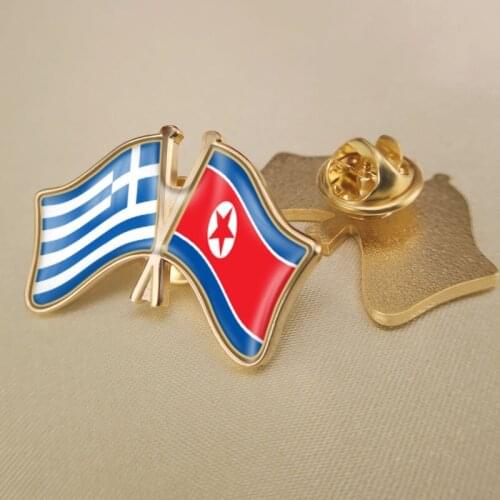 Greece and North Korea Crossed Double Friendship Flags Lapel Pins Brooch Badges