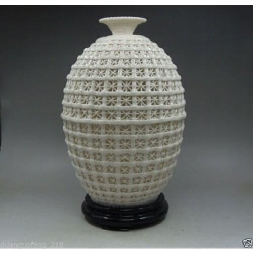 Chinese Decoration Handwork Carved openwork Dehua White Porcelain Vase & Base