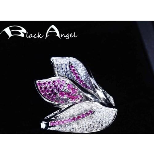 BLACK ANGEL Silver Elegant Leaves Ring Inlaid Luxury Crystal Gemstone Adjustable Rings For Women Cocktail Party Jewelry Gift