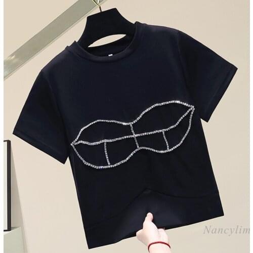 Short Rhinestone Sexy Black White Glossy Hip Hop Cotton Short-Sleeved T-shirt for Women 2021 New Spring-Summer Top Tees