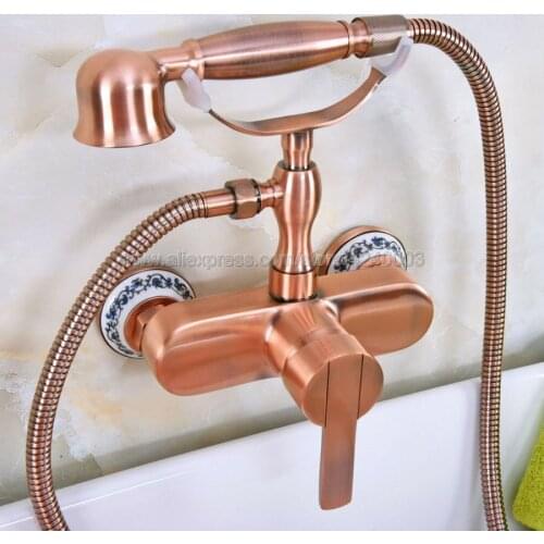 Antique Red Copper Antique Brass Wall Mount Telephone Bath Shower Faucet Mixer Tap w/ Handheld Spray Shower Kna317