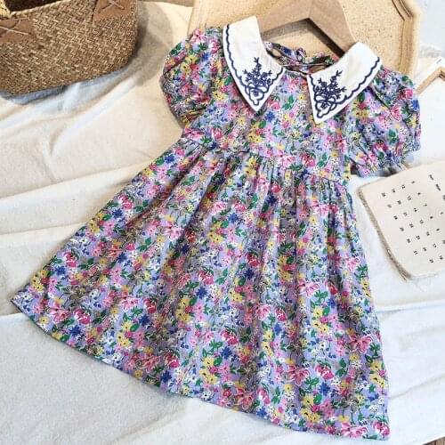 Summer New GirlS Dress Lapel Embroidery Pastoral Style Floral Dress Children Korean Halter Chiffon Baby Kids Princess Dress