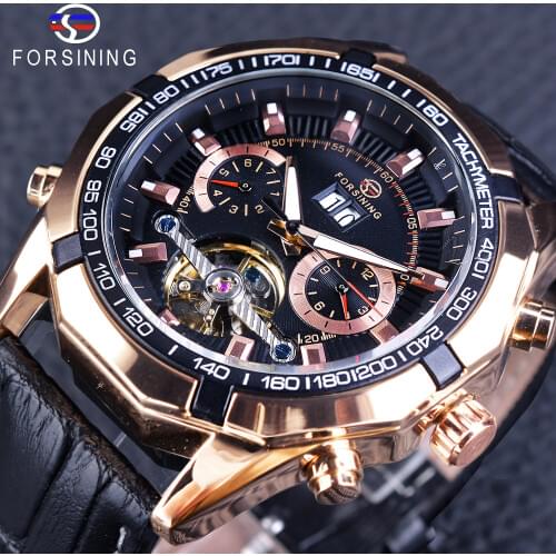 Forsining Tourbillion Fashion Sport Style Rose Golden Case Black Genuine Leather Calendar Display Automatic Creative Watches