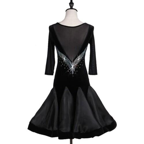 Latin dance dress mesh collar mesh V shape back middle sleeve rhinestones decorations vivid dress hem velvet and organza