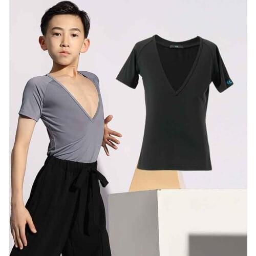 Latin Dance Summer Boys Sexy V-Neck Shirts Black Kids Latin Competition Costumes Children Rumba Cha Cha Practice Clothes G5055
