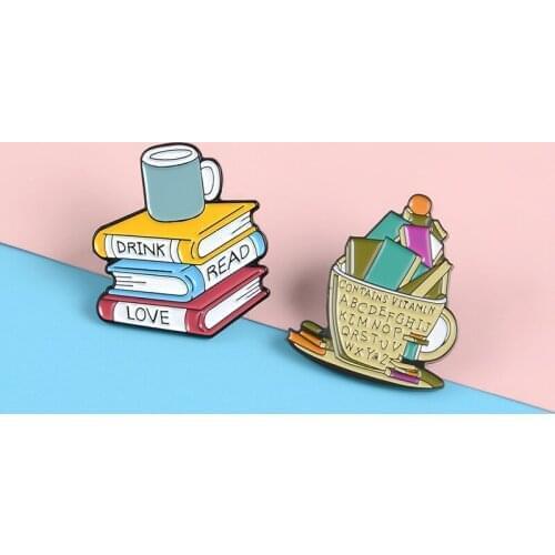 Cute Cartoon Book Coffee Brooch Drink Shirt Enamel Badges Pins Broches for Men Women Badge Pines Brooches Jewelry Accessories