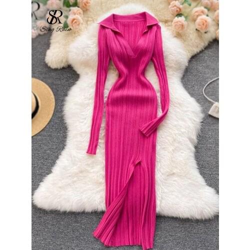 SINGREINY Women Korean Knitted Dress Long Sleeve V Neck Elastic Slim Pencil Dresses 2021 Autumn Sexy Bodycon Split Sweater Dress