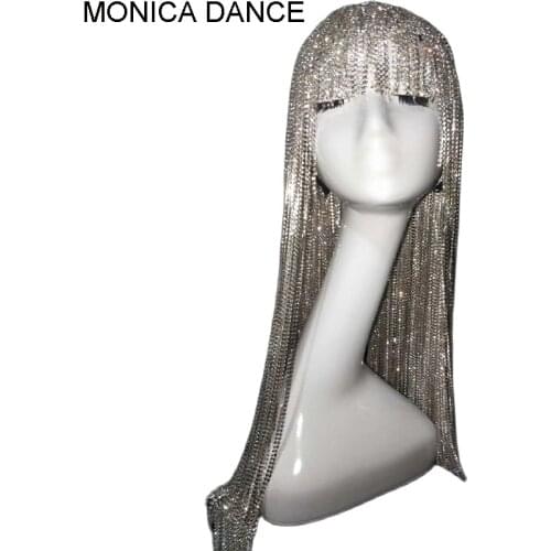 Glass Diamond Chain Headwear Handmade Wig Long Hair Party Show Club Pole Dancer Singer Performance Drill Dance Accessories