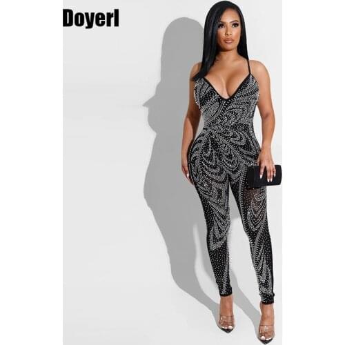 Rhinestone Backless Skinny Jumpsuits for Women 2021 Sexy Bodycon Romper Party Sparkly Long Overalls Women Mesh Jumpsuit Clubwear