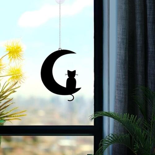 Lively Metal Cat on The Moon Silhouettes Hanging Decorative for Windows