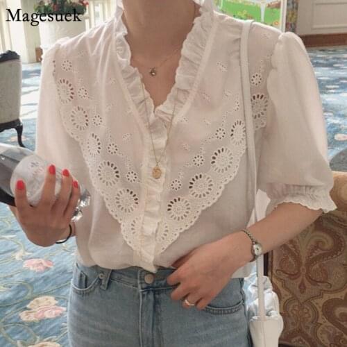 Summer Short Sleeve Lace Hollow Womens Shirt Korean Chic Vintage V Neck Ruffled White Woman Blouses Korean Casual Tops 14366