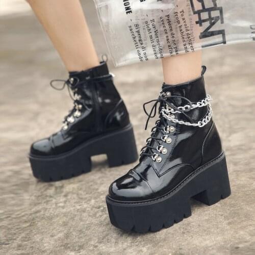 New Women Gothic Ankle Boots Zip Punk Style Platform Shoes Goth Winter Lace-up Booties Chunky Heel Sexy Chain Dropshipping