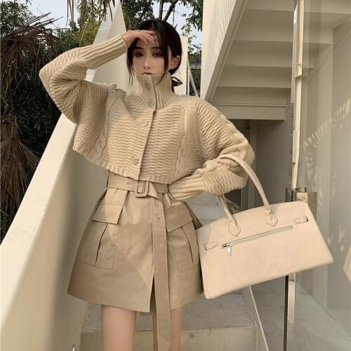 Suits Womens Winter New High Neck Knitted Sweater Cardigan Jacket + Waist Vest Dress Two-Piece Sets Female