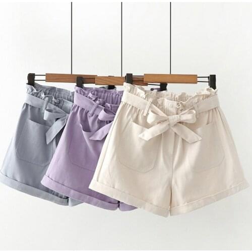 Women Solid Shorts High Waist Elastic Waist Bowknot 2020 Summer Casual Loose Wide Leg Shorts Sweet Stye Ladies Bottoms