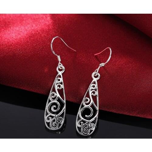 New fashion 925 Sterling Silver Carved drop shape Earrings Women noble Jewelry Christmas Gifts party vintage long earrings
