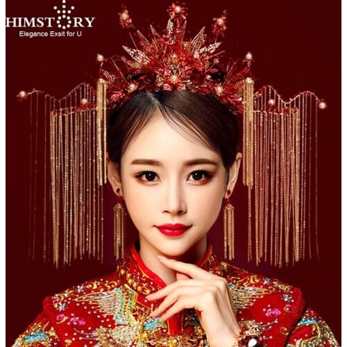 HIMSTORY Traditional Chinese Bridal Headdress Ancient Phoenix Crown Red Pearl Tassel Chain Wedding Coronet Hair Accessories