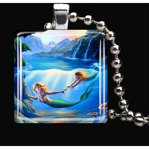2019 New Beauty Mermaid Love Sea Photo Silver plated Tile Pendant Necklace Glass Cabochon Girl Jewelry Birthday