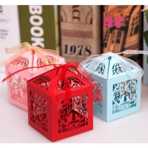 50pcs Lovebirds Wedding Decoration Gold Laser Cut Candy Box With Ribbon Baby Shower Party Favor Gifts Chocolate Boxes For Guests