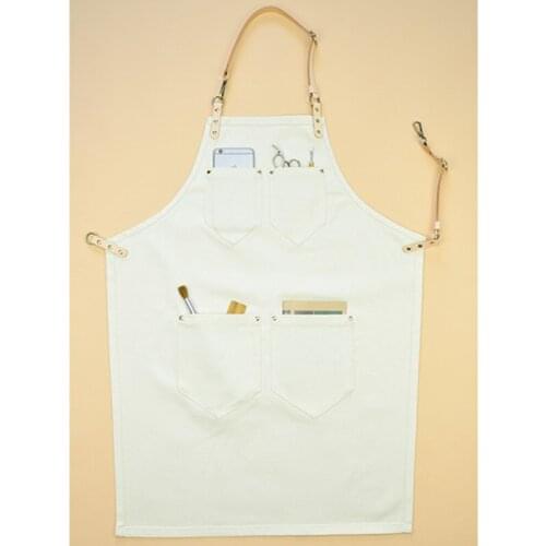 White Denim Canvas Apron Cowhide Leather Strap Barista Bartender Baker Chef Uniform Florist Barber Painter Artist Work Wear K16