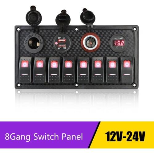 Dual USB Cigarette Lighter Socket 8 Gang Switch Panel 12V/24V Car Marine RV Circuit LED Breaker Digital Voltmeter Waterproof