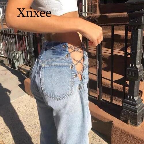 Jeans long pants Side Cross Chain Hollow Out Wide-leg Womens Jeans High Waist Pants Sexy Elegant Ladies Europe Fashion Jeans