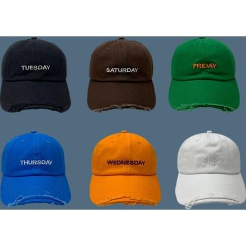 Korean Hat Frayed Edging Holes Personalized Womens Caps Week Letters Embroidery Baseball Cap Mens Casual All-match Sun Hats