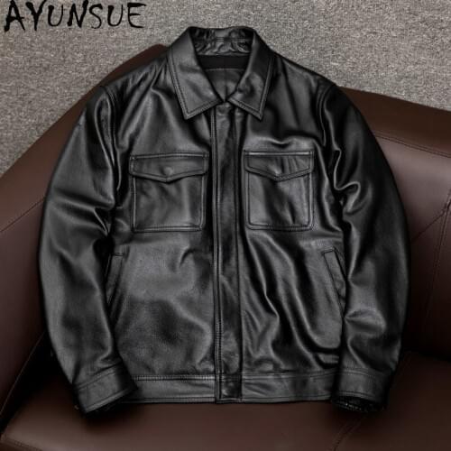 AYUNSUE Genuine Leather Jacket Men Short Autumn Winter Coat Motorcycle Jackets Plus Size Mens Clothing Chaqueta Cuero Hombre