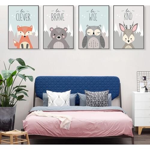 Cute Cartoon Animal Canvas Painting Fox Bear Deer Owl Posters Children Room Kindergarten Wall Art Decorative Painting Pictures