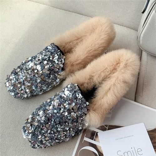 Fur Mules Shoes Women Ladies Loafer Flat Shoes Autumn Winter Slip on Bling Bling Womens Shoes Brand Designer Casual Flats Silver