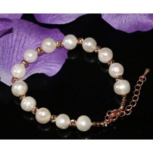 Natural white 9-10mm nearround pearl beads beaded bracelets for weddings party gifts rose gold-color diy jewelry 7.5inch B3018