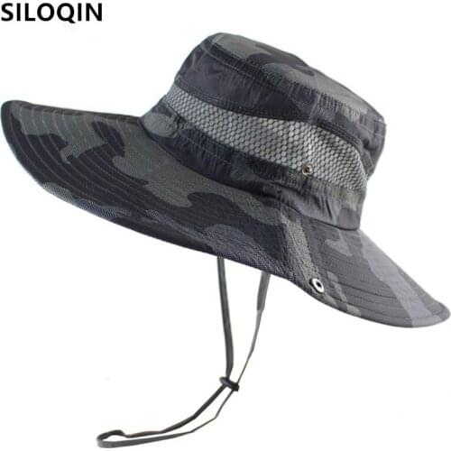 SILOQIN New Summer Mesh Breathable Mens Panama Bucket Hat Fishing Cap Camouflage Hats Wind Rope Fixed Womens Anti-UV Beach Hat