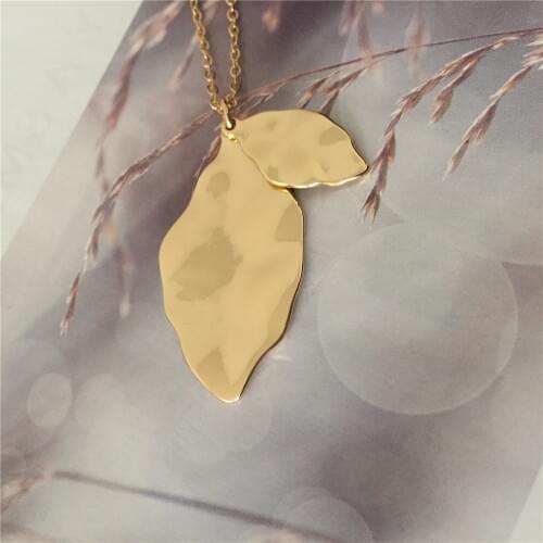 Casual Gold Color Plating Hammered Effect Leaf Necklace For Women Girl Naturalism Bohemia Delicate Shiny Jewelry Gift Party