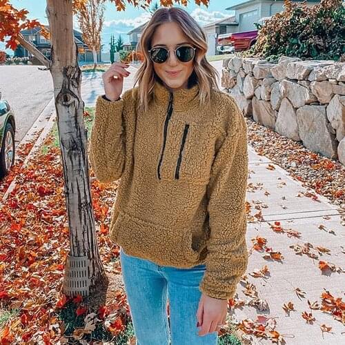 Women Imitation Lamb Pullover, Adults Solid Color Long Sleeve Round Neck Outerwear with Pocket fairy grunge clothes y2k zip up