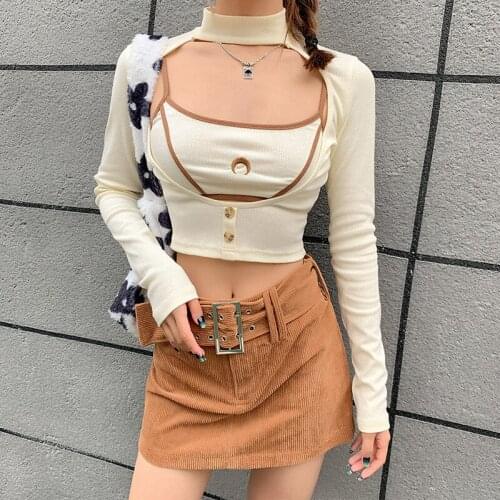 SEASONS Elegant Cut Out Rib Knit Cropped Crop Tops Women Turtleneck Streetwear Wrapped Chest Tshirt 2 Pieces Casual ASTS82559
