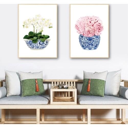 Blue and White Chinese Vase Canvas Prints White Orchid & Pink Peony Chinoiserie Decor Oriental Porcelain Art Painting