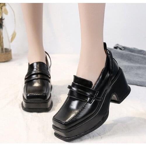 Trifle Single Shoes Womens New High-rise Big-head Loafers Thick-soled Thick High-heeled Small Leather Shoes Shoes Women