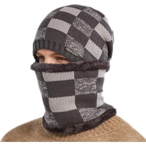 Knit Plaid Hat for Man Faux Fur Thick Beanies with Neck Ring Warm Caps Beany Gorras Bonnet Grey Skullies Winter Fashion