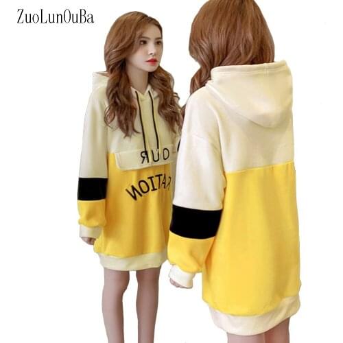 Fall Winter Women Sweatshirt Yellow Fleece Hoodie Long Sleeve Stitching Pullover Mid Length Letter Print Caot