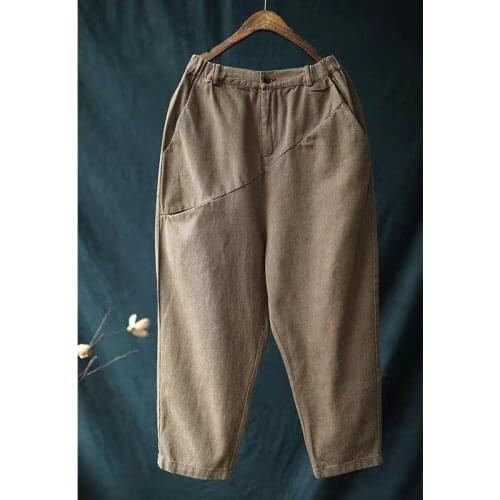 2021 New Arrival Summer Arts Style Women Loose Casual Elastic Waist Ankle-length Pants Cotton Linen Patchwork Harem Pants W241