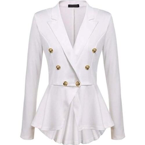 Autumn New Women Slim fit Suit Coat Double Row Metal Buckle Long Sleeve Jackets Elegant Ruffled Blazer Female white black pink