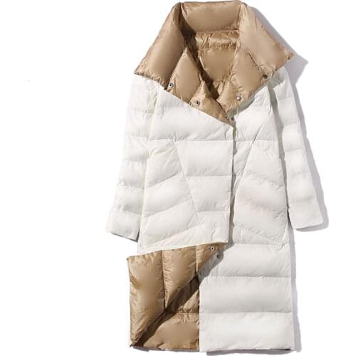 Winter 90% White Duck Down Coat Women Double Sided Down Long Jacket Double Breasted Warm Parkas Snow Outwear