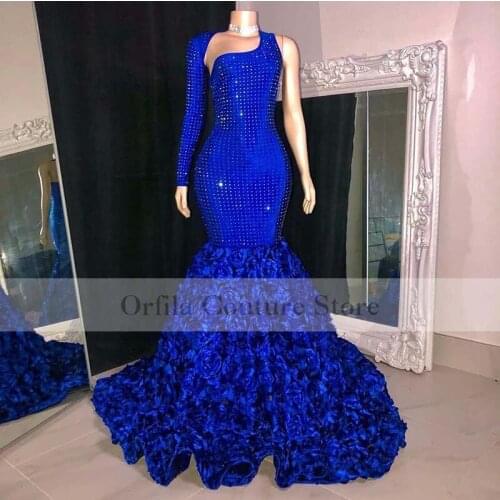 Designer Royal Blue Sexy Prom Dress Mermaid Rose Sweep Train Cocktail African Black Girls Evening Dress For Party Night