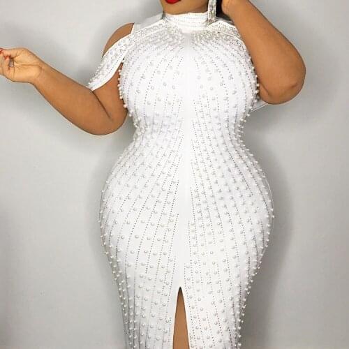 Plus Size White Beading Party Dress Bodycon Sexy Stand Collar Off Shoulder Knee Length Spring Summer Birthday Dresses for Women