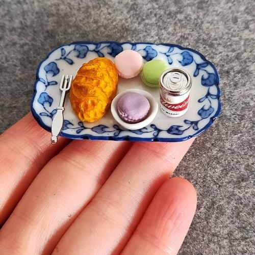 1:12 Miniature Breakfast Set Macaron Bread With Tray Dollhouse Kitchen Food Set